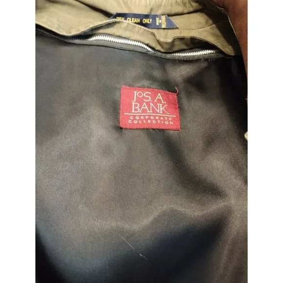 JOS. A. BANK Rainwear Mens 42L Trench Coat Olive Green Zip Liner Leather Collar - Picture 5 of 5
